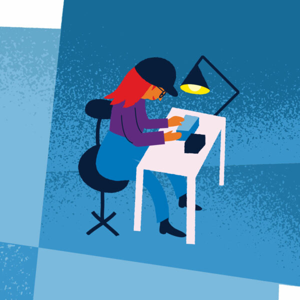 Illustration av person som sitter vi ett skrivbord och arbetar. 