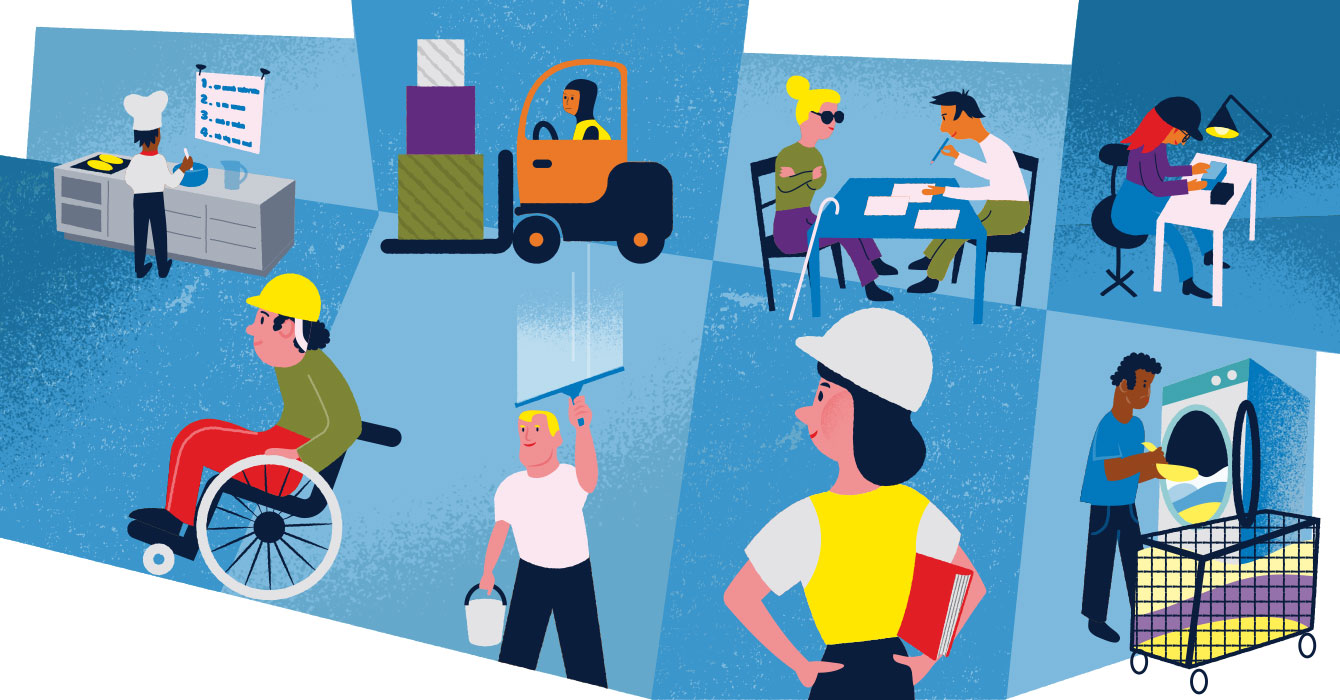 Illustration av människor som utför olika arbetsuppgifter.
