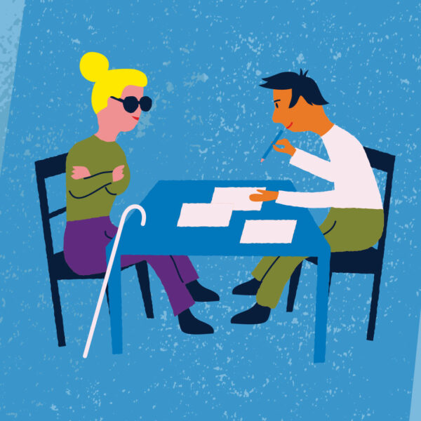 Illustration av två personer sittandes vid ett bord. Den ena har en blindkäpp och den andra håller i en penna och ska skriva på ett papper. 