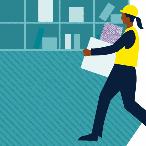 Illustration av person som bär på lådor. 