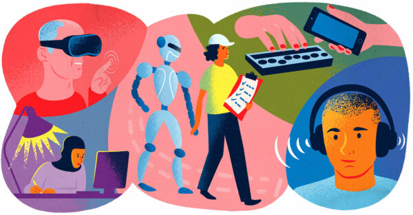 Illustration på människor som utför olika aktiviteter. En lyssnar på musik, en annan sitter vid en dator.