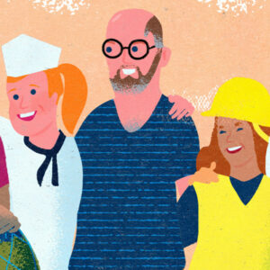 illustration med färglada färger på tre människor som står på rad. 