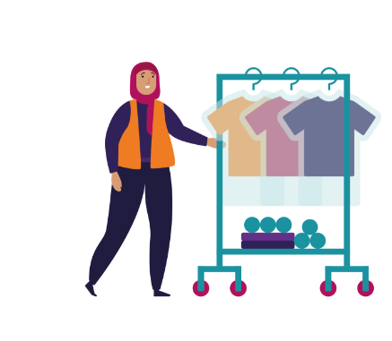 Illustration av person rullande på klädställning