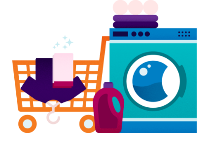 Illustrerad tvättkorg och tvättmaskin